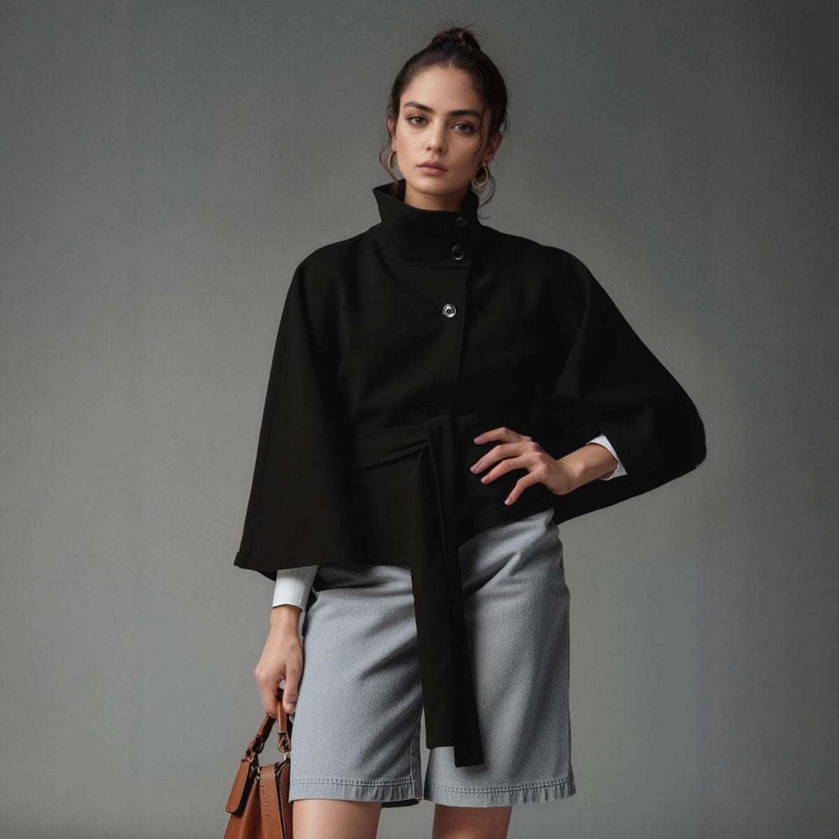 Damen moderne Cape-Jacke mit abnehmbarem Gürtel und hohem Kragen R&B