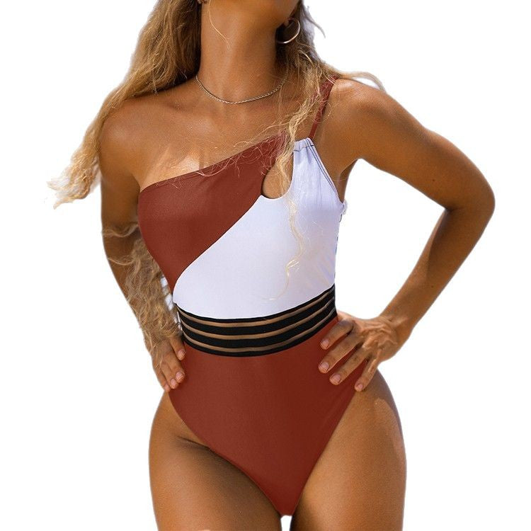 Damen Einseitiger Einteiler-Badeanzug mit asymmetrischem Schnitt und dekorativem Bund R&B
