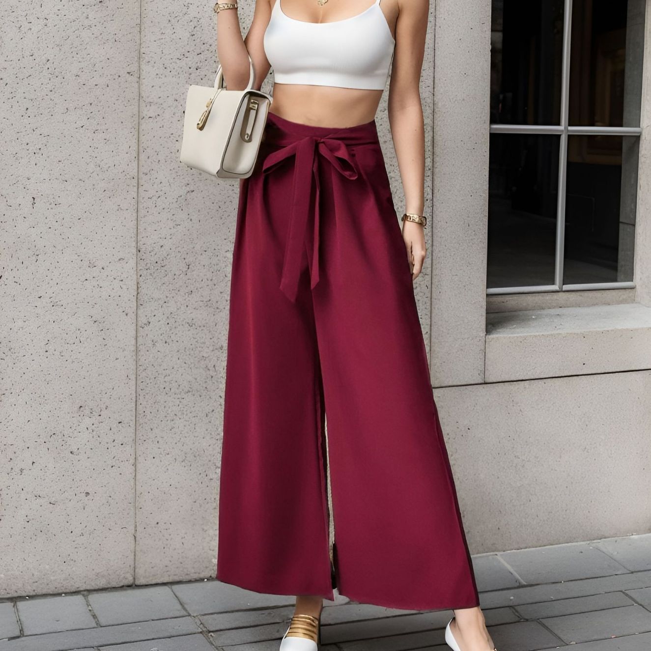 Damen Weite High-Waist-Hosen mit Bindegürtel R&B