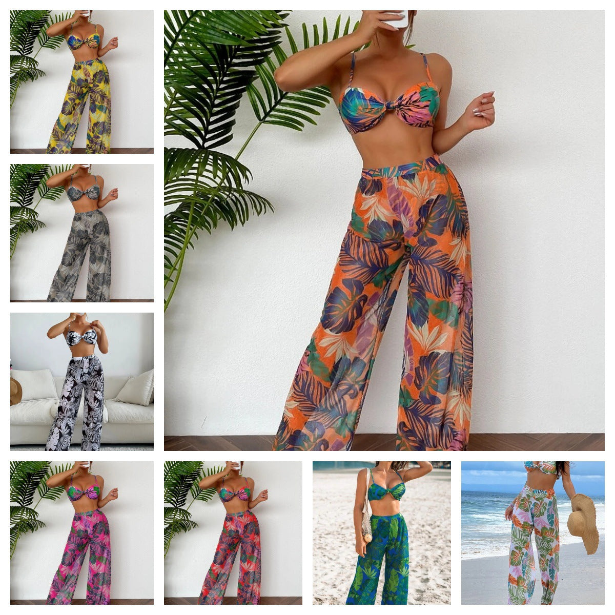 Damen Badeset mit floralem Design und lockeren Palazzohosen R&B