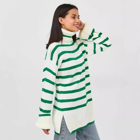 Damen gestrickter Rollkragenpullover mit modernem Streifenmuster und weitem Schnitt R&B