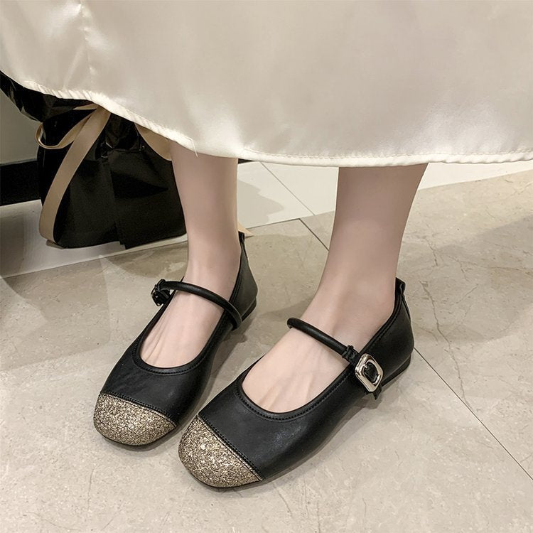 Damen elegante Ballerinas mit funkelndem Zehenbereich und dekorativem Riemen