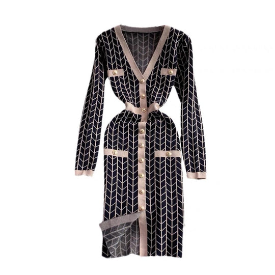 Damen Strickkleid mit Knopfdetaillierung und V-Ausschnitt R&B
