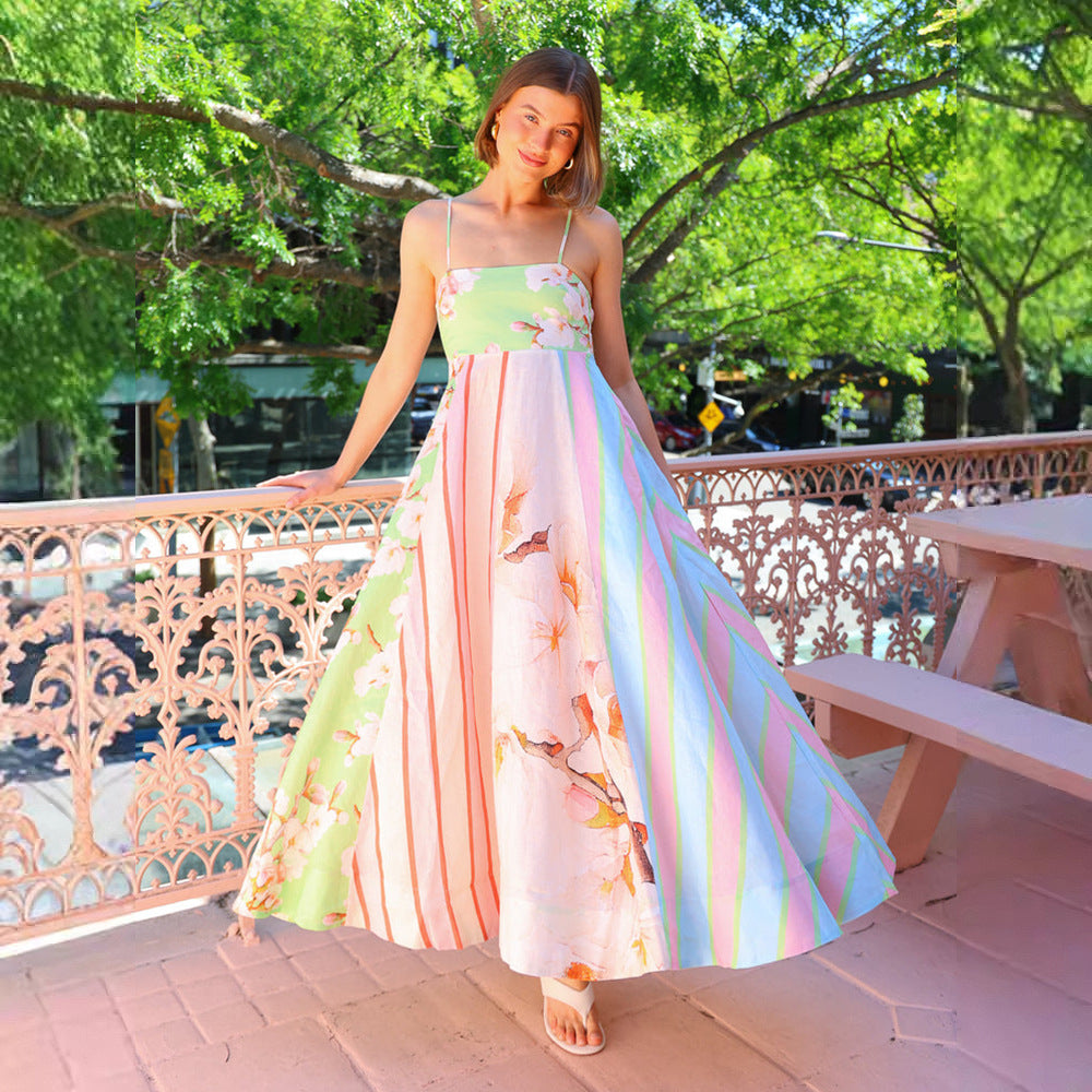 Damen Maxikleid mit floralem und gestreiftem Design R&B