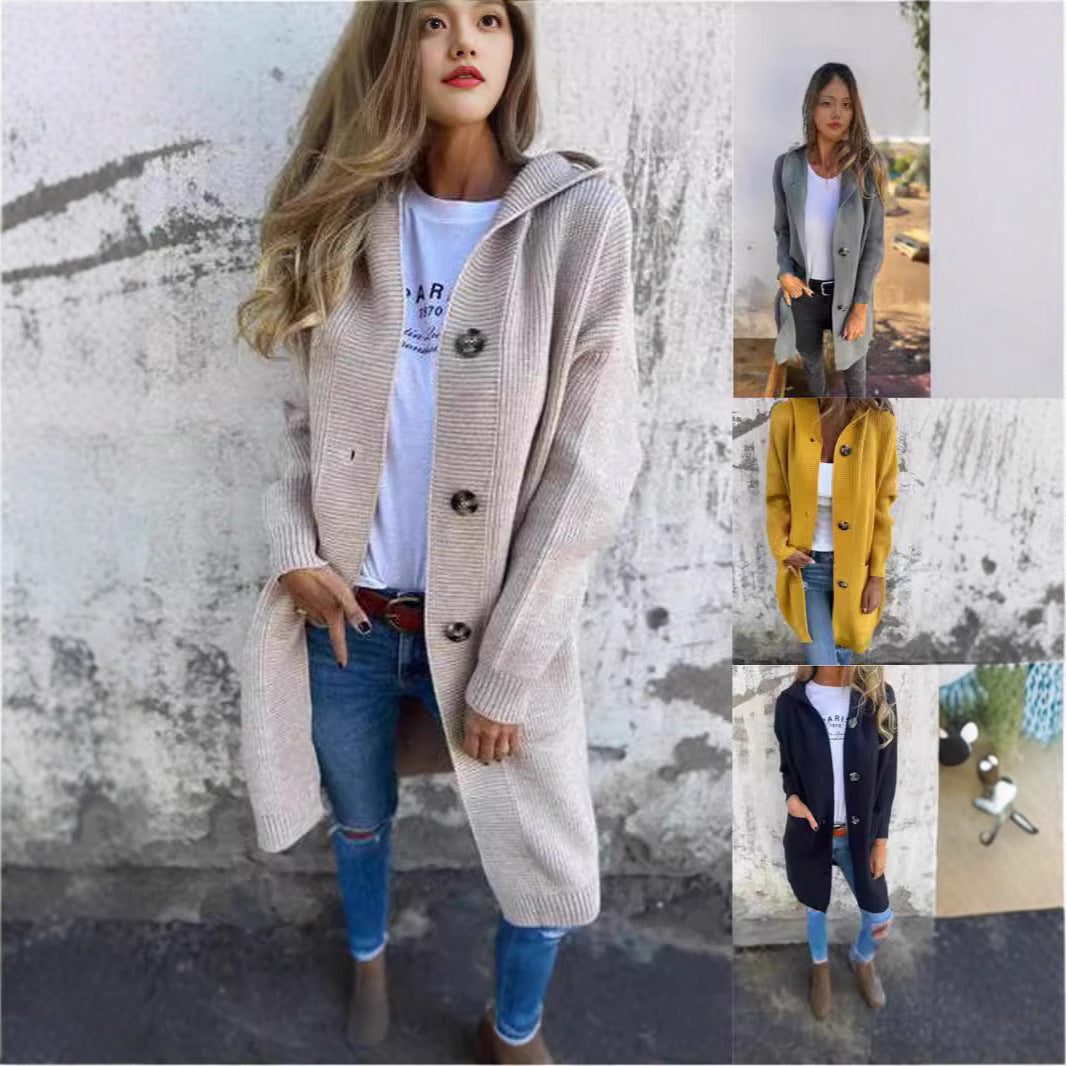 Damen Strickjacke mit Kapuze und dekorativen Knöpfen