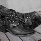 Damen nan knöchelhohe Biker-Stiefelette mit mehreren Nietenriemen, dekorativen Ketten und verstellbaren Schnallen R&B