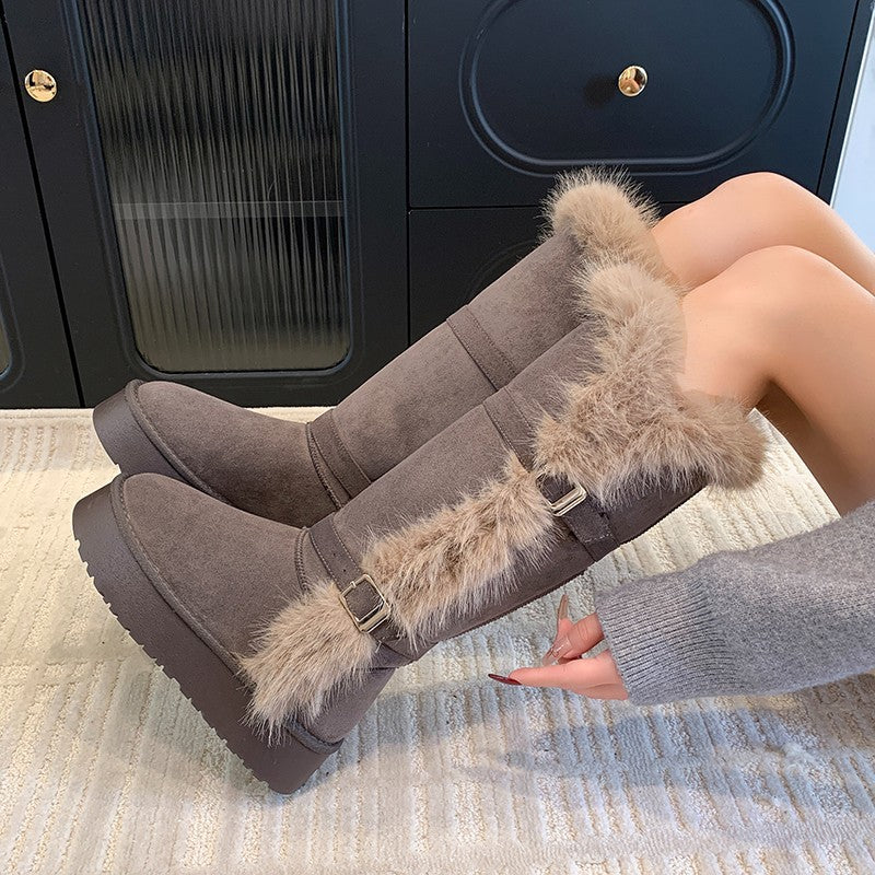 Damen kuschelige Winterstiefel mit weichem Kunstfellrand und modischen Schnallen R&B