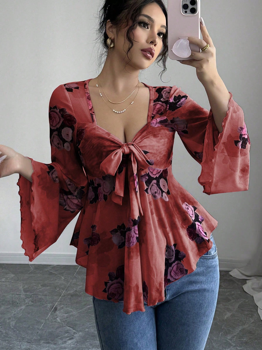 Damen luftige Bluse mit Blumenmuster R&B