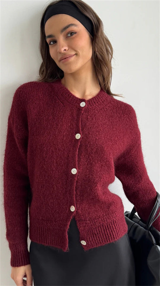 Damen kuschelige Strickjacke mit knöpfbarem Design und voluminösen Ärmeln R&B