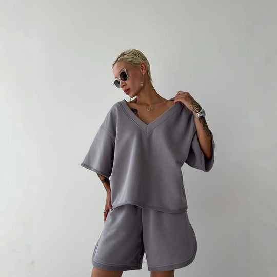 Damen lässiges Oberteil und Shorts-Set mit V-Ausschnitt und weitem Schnitt R&B