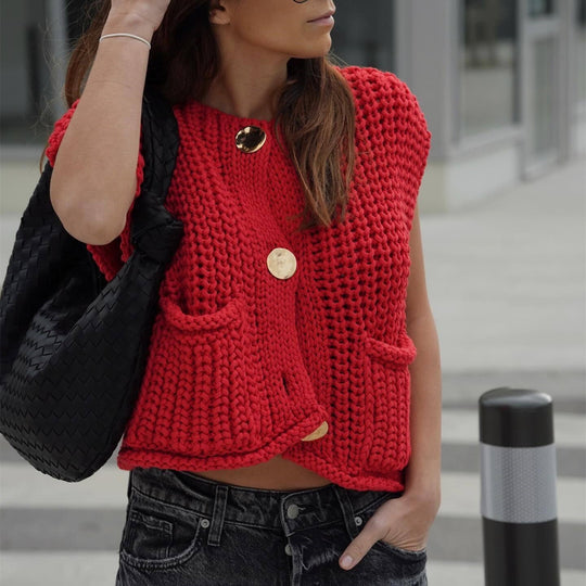 Damen modische Strickweste mit Knopfdetails und aufgesetzten Taschen R&B