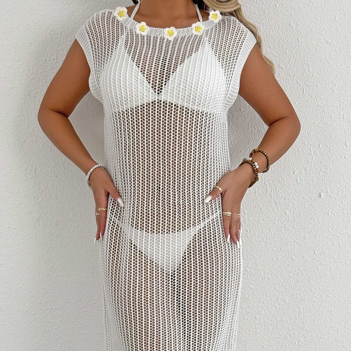 Damen luftiger Netzstrandkleid mit Fransen R&B