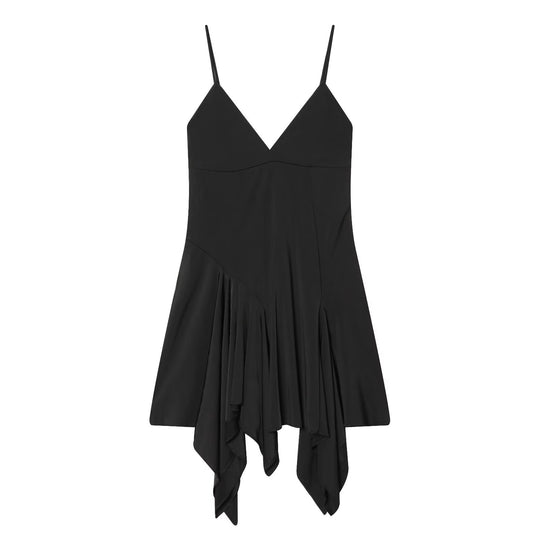 Damen fließendes Spaghetti-Trägerkleid mit asymmetrischem Saum und elegantem Faltenwurf R&B