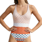 Damen Einteiler Badeanzug mit maritimem Wellenmuster und femininem Ausschnitt R&B