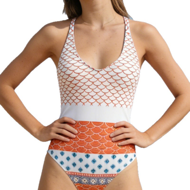 Damen Einteiler Badeanzug mit maritimem Wellenmuster und femininem Ausschnitt R&B
