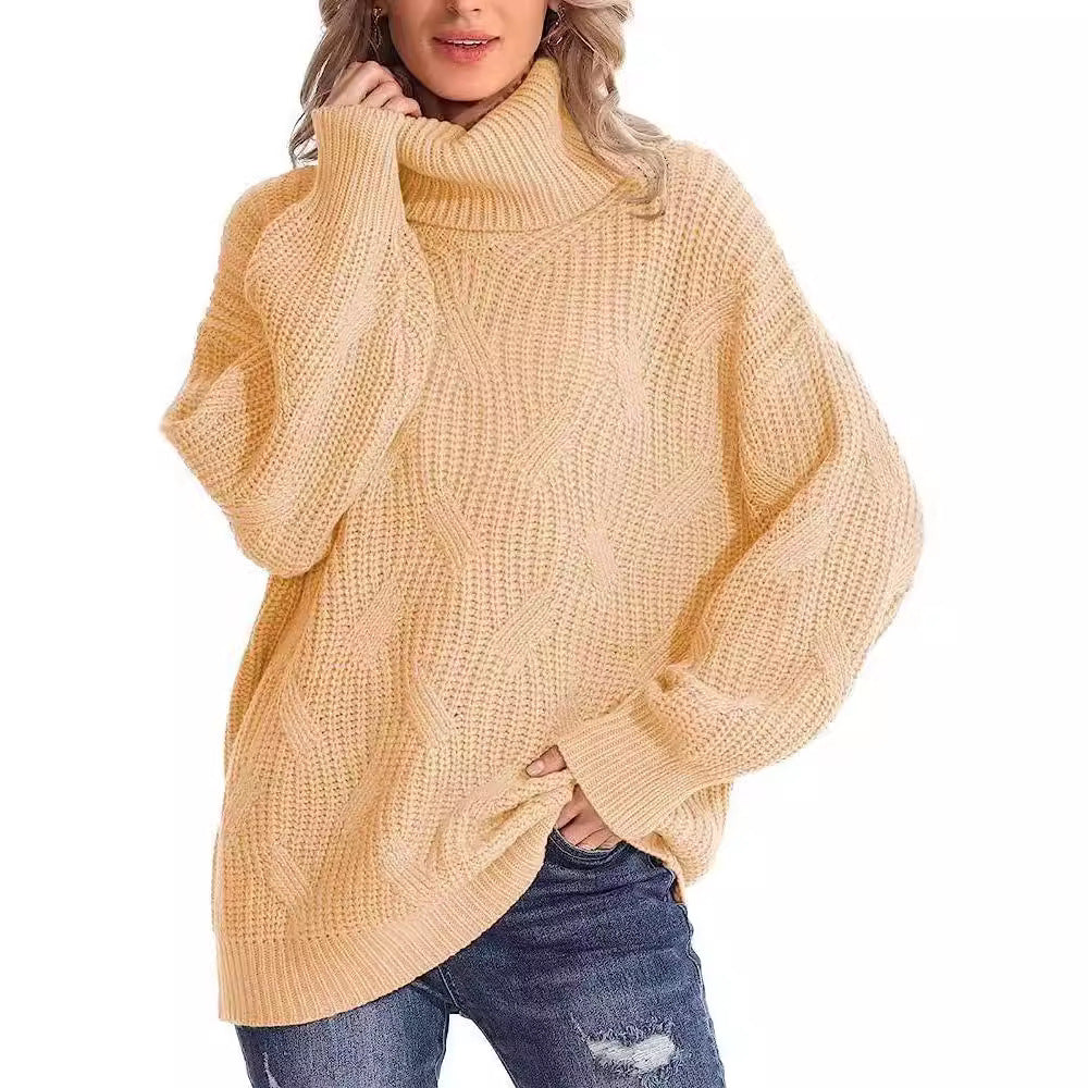 Damen Weicher Strickpullover mit hohem Kragen und Kabelmuster R&B