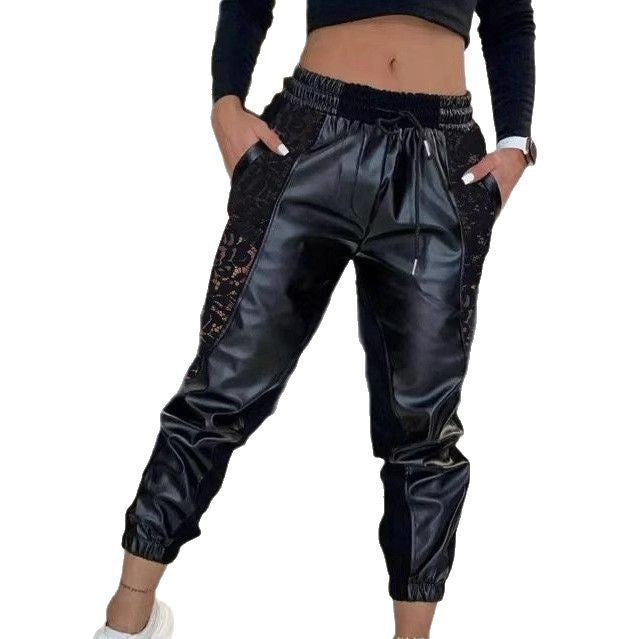 Damen Trendige Kunstleder Jogginghose mit Spitzenbesatz R&B