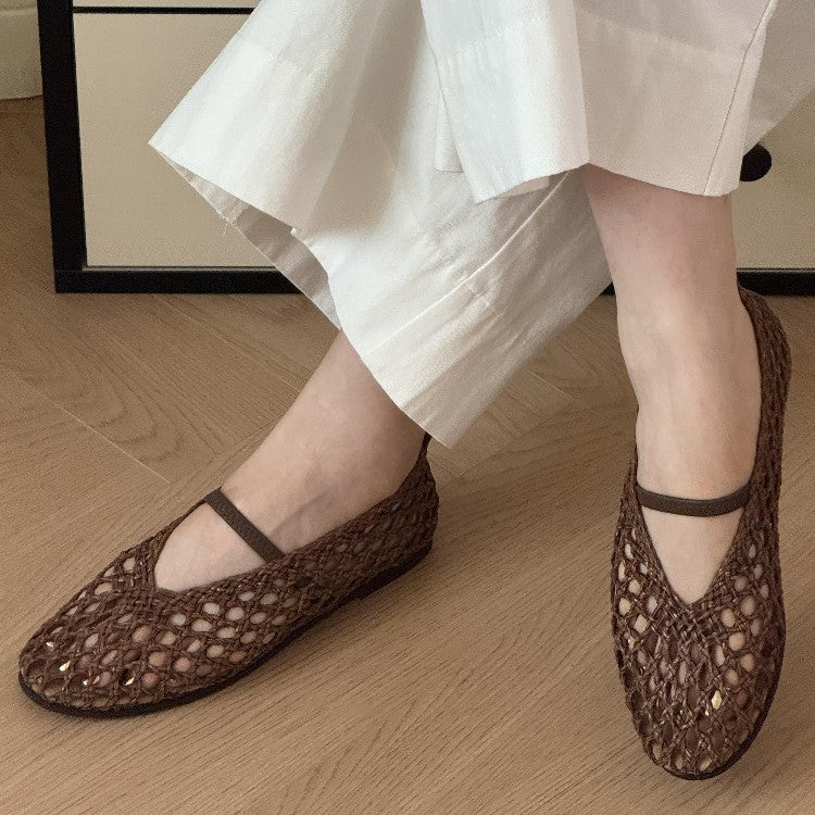 Damen Ballerina-Sandalen mit filigranem Netzdesign und elastischem Riemen
