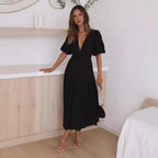 Damen Maxikleid mit weiten Puffärmeln und elastischem Taillenzug R&B