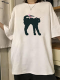 Damen T-Shirt mit kreativem Katzenmotiv und verspielter Schleife R&B