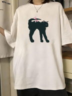 Damen T-Shirt mit kreativem Katzenmotiv und verspielter Schleife R&B