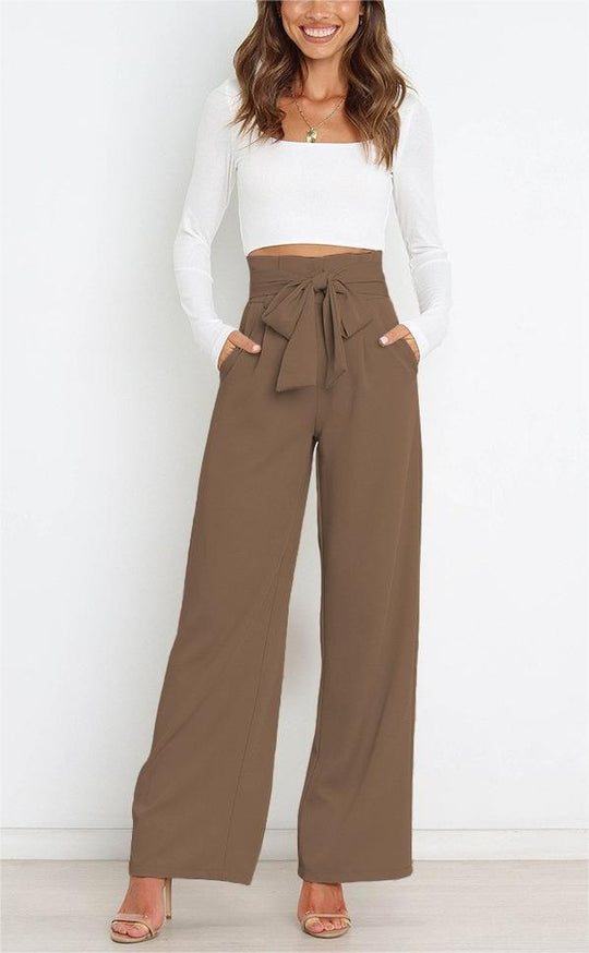 Damen Weit geschnittene High-Waist-Hose mit Binde-Gürtel und Taschen R&B