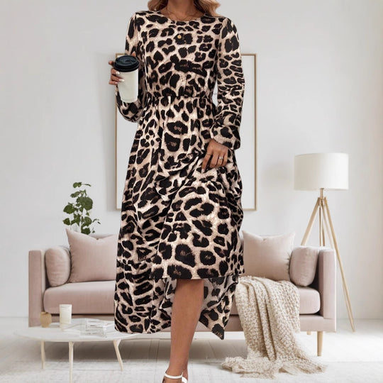 Damen Elegantes Langarm-Maxikleid mit modernem Tierprint und asymmetrischem Saum R&B