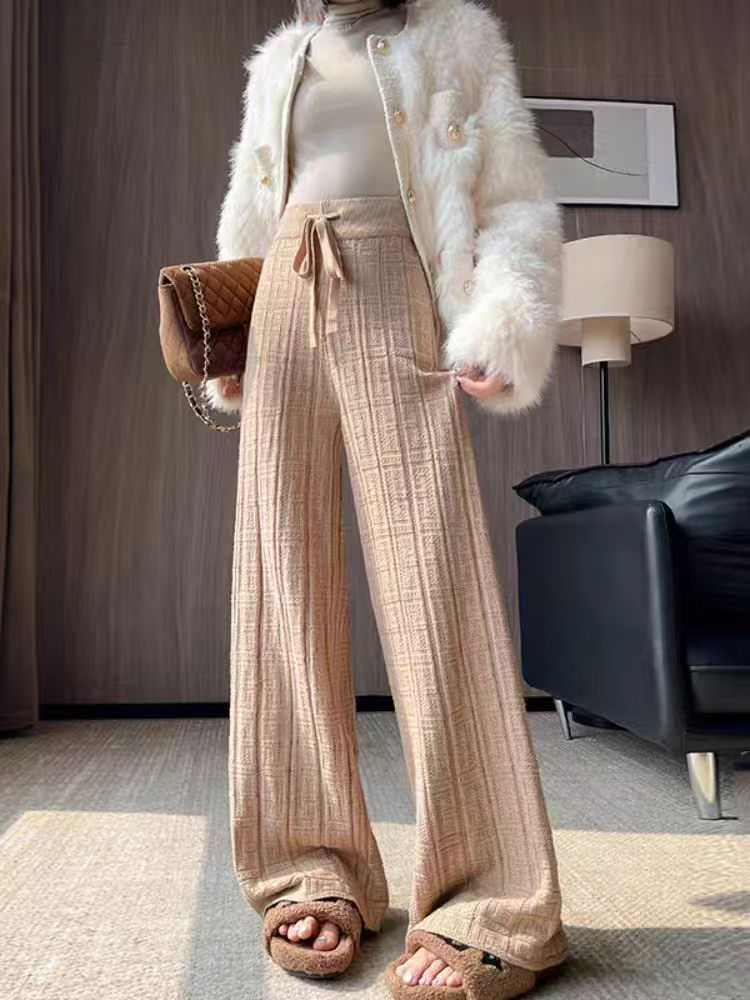 Damen Weit geschnittene Leinenhose mit elastischem Bund und gestreiftem Design R&B