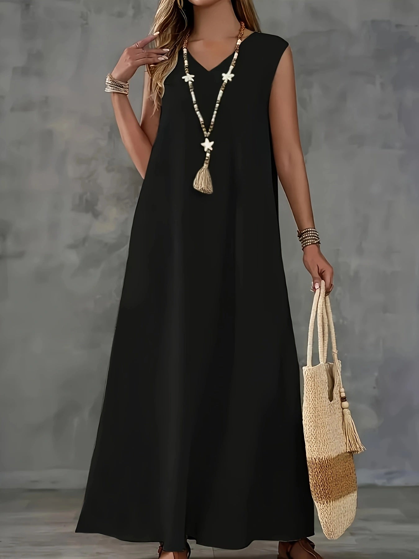 Damen Maxikleid mit elegantem V-Ausschnitt und fließendem Schnitt R&B