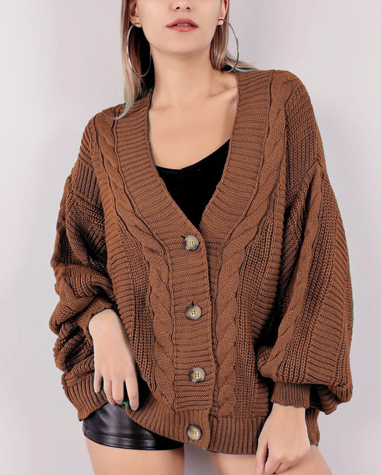 Damen Grobstrick-Cardigan mit großen Knopfdetails und voluminösen Ärmeln R&B