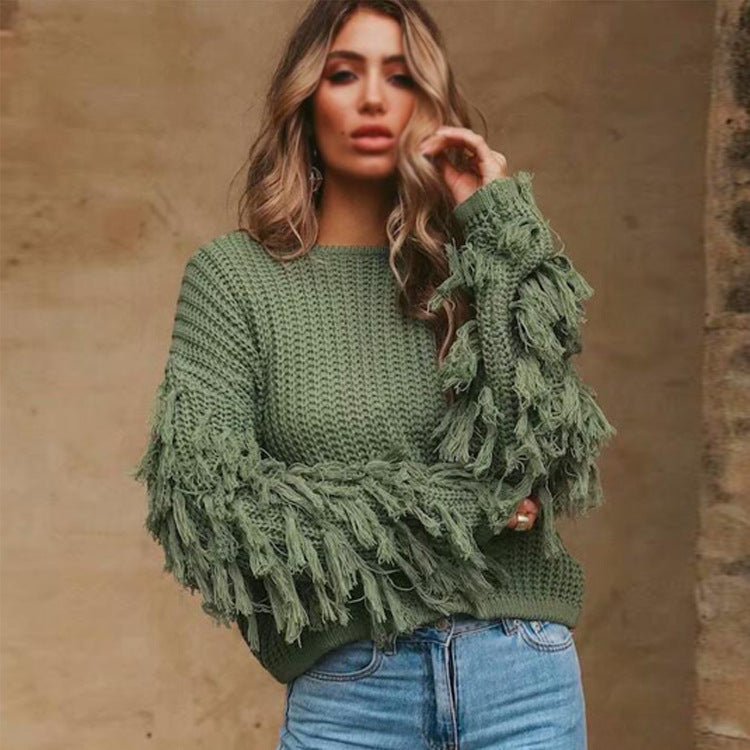 Damen Strickpullover mit voluminösen Fransenärmel und modernem Schnitt R&B