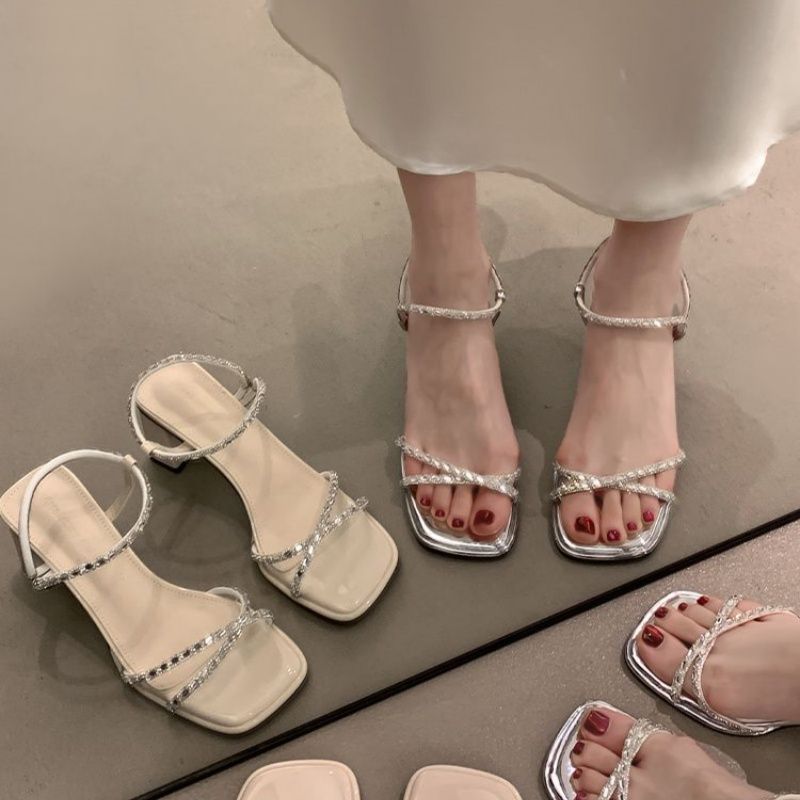 Damen elegante Sandalen mit funkelnden Riemchen und modischem Blockabsatz R&B