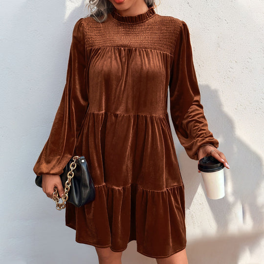 Damen Velours Kleid mit hochgeschlossenem Kragen und voluminösem Rock R&B
