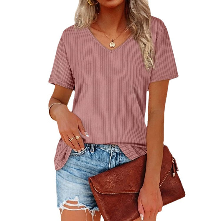 Damen Viskose T-Shirt mit feinem Rippstrickmuster und lässigem V-Ausschnitt R&B