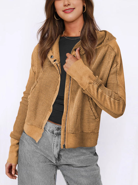 Damen lässige Zip-Jacke mit Kapuze und strukturiertem Design R&B
