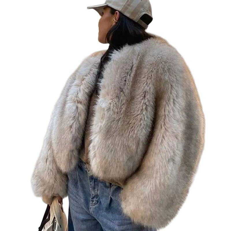 Damen Flauschige Kurzjacke aus Kunstpelz mit voluminösen Ärmeln R&B