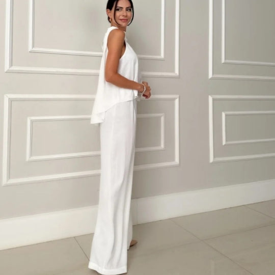 Damen elegantes Set aus lässigem Oberteil und hochsitztender Hose R&B