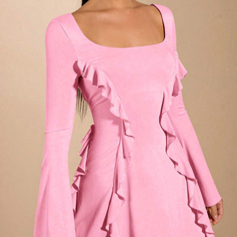 Damen elegantes Rüschenkleid mit tiefem Ausschnitt und langen Ärmeln R&B