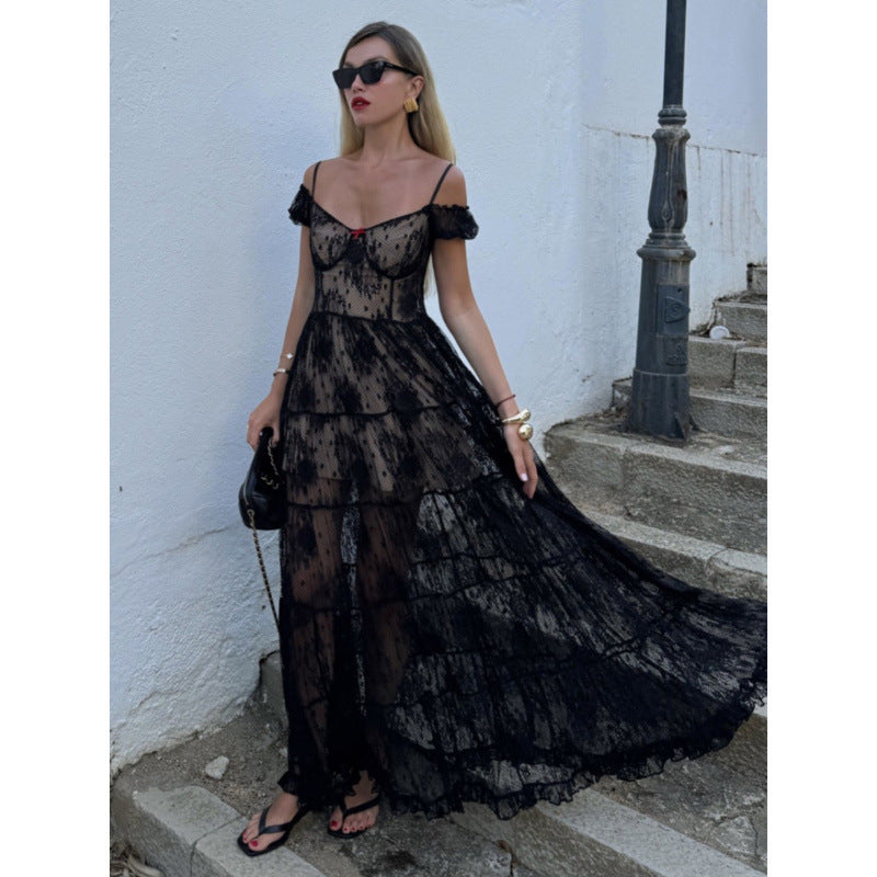 Damen Elegantes Spitzenkleid mit asymmetrischem Saum und verspielten Rüschendetails R&B