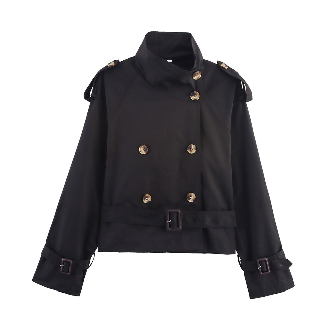 Damen modischer Trenchcoat mit hoch geschlossenem Kragen und praktischen Schulterriegeln R&B