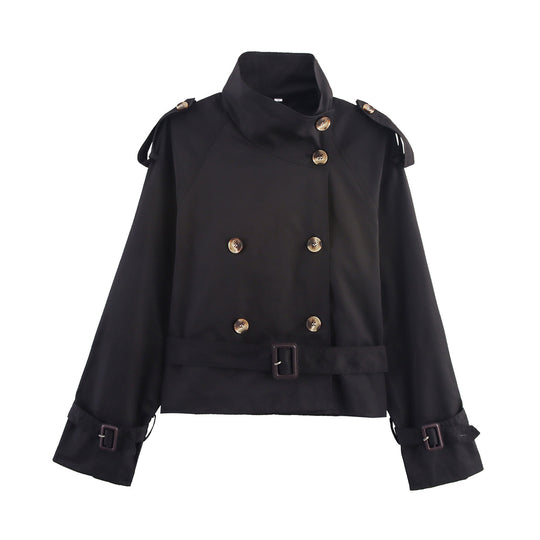 Damen modischer Trenchcoat mit hoch geschlossenem Kragen und praktischen Schulterriegeln R&B
