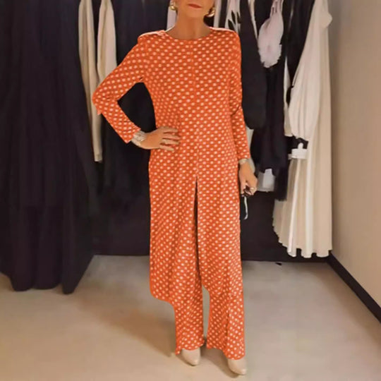 Damen nan Pünktchen-Lounge-Ensemble mit langer A-Linien-Tunika, mittigem Frontschlitz und weiter Palazzohose R&B