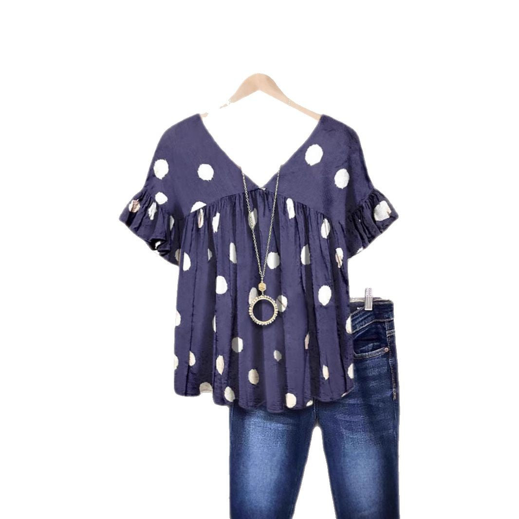 Damen fließendes Punkteshirt mit V-Ausschnitt und Rüschendetails R&B
