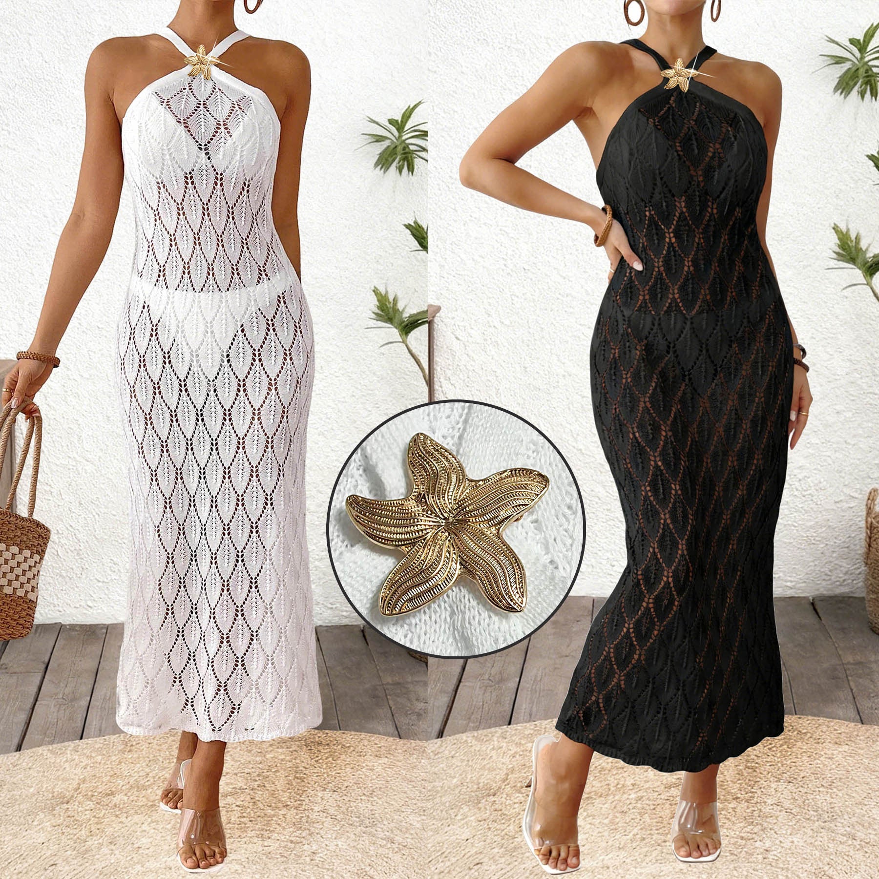 Damen gehäkelter Strandüberwurf mit eleganter V-Ausschnitt R&B