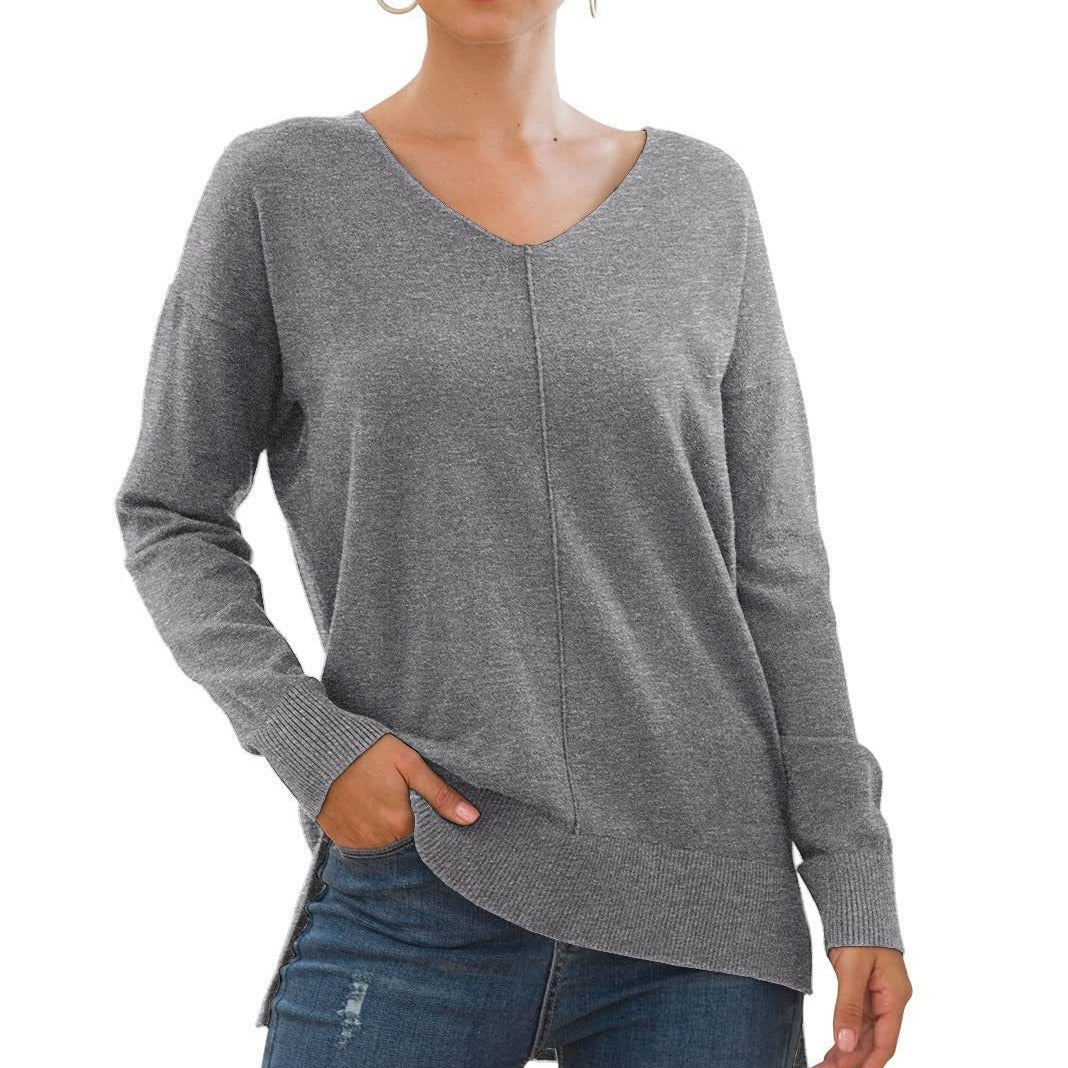Damen eleganter V-Ausschnitt Pullover mit asymmetrischem Saum R&B