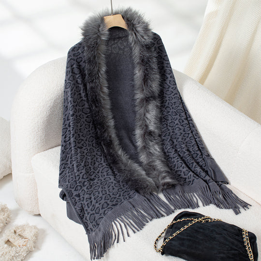 Damen eleganter Strickponcho mit luxuriösem Kunstfellkragen und fransigem Saum R&B