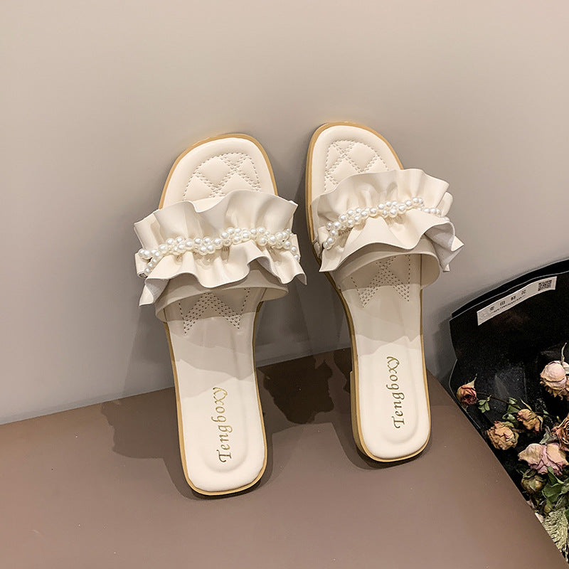 Damen elegante Pantoletten mit Rüschendetails und Perlenschmuck R&B