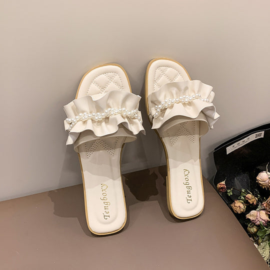 Damen elegante Pantoletten mit Rüschendetails und Perlenschmuck R&B