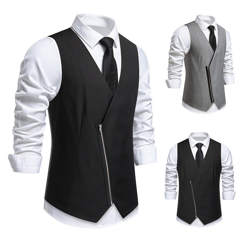 Herren moderne Anzugweste mit asymmetrischem Reißverschluss und eleganter Passform R&B