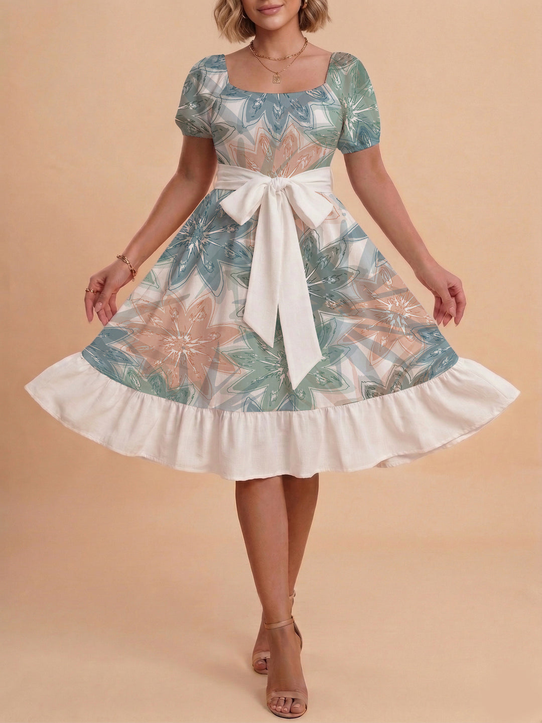 Damen elegantes Maxikleid mit floralem Design und Taillengürtel R&B